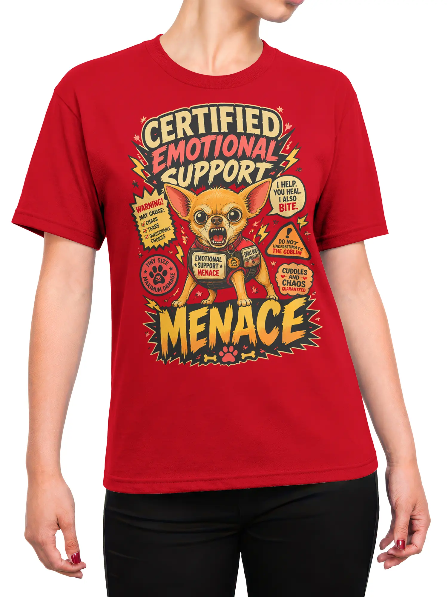 Woman wearing red emotional support chihuahua menace t-shirt with bold comic warnings and tiny chaos goblin dog art