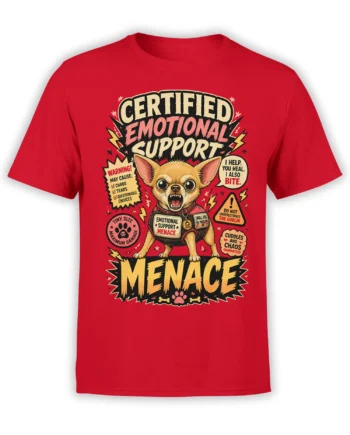 Red unisex t-shirt with cartoon chihuahua emotional support menace design and comic-style warning text and lightning accents