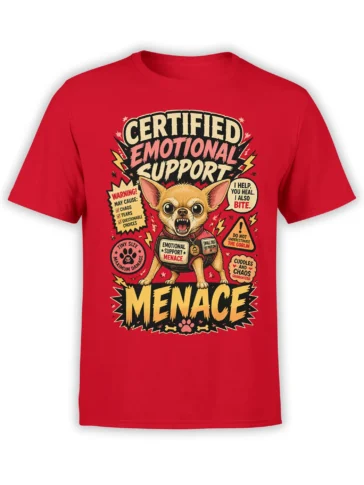 Red unisex t-shirt with cartoon chihuahua emotional support menace design and comic-style warning text and lightning accents