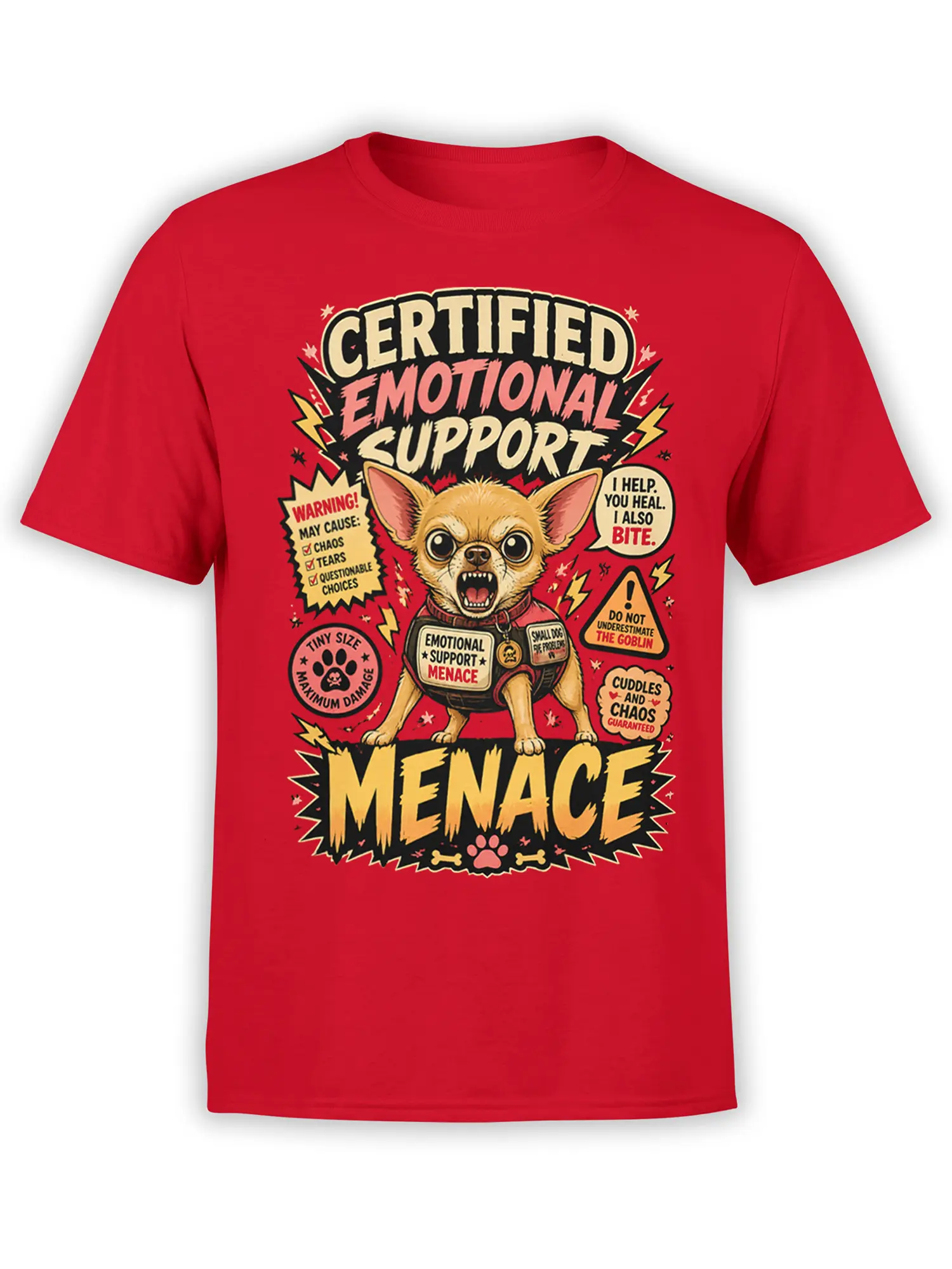 Red unisex t-shirt with cartoon chihuahua emotional support menace design and comic-style warning text and lightning accents