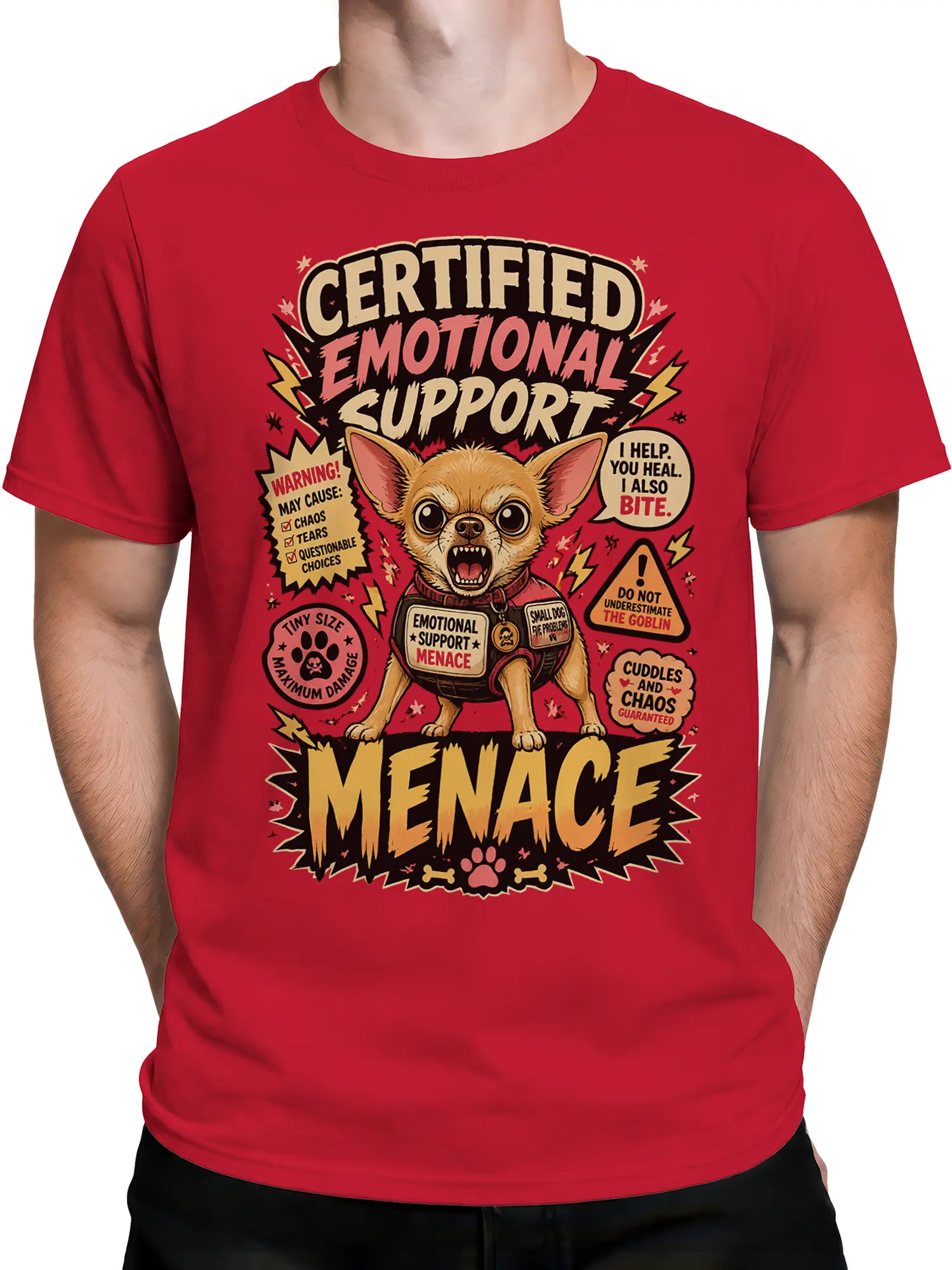Man wearing red emotional support menace chihuahua graphic tee with humorous warning text and lightning details