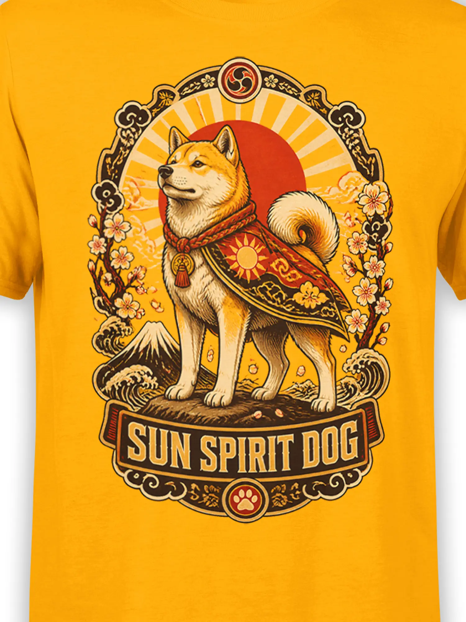 Close-up of sun spirit dog artwork showing ornate cape, rising sun, cherry blossoms, waves, and decorative frame on yellow fabric