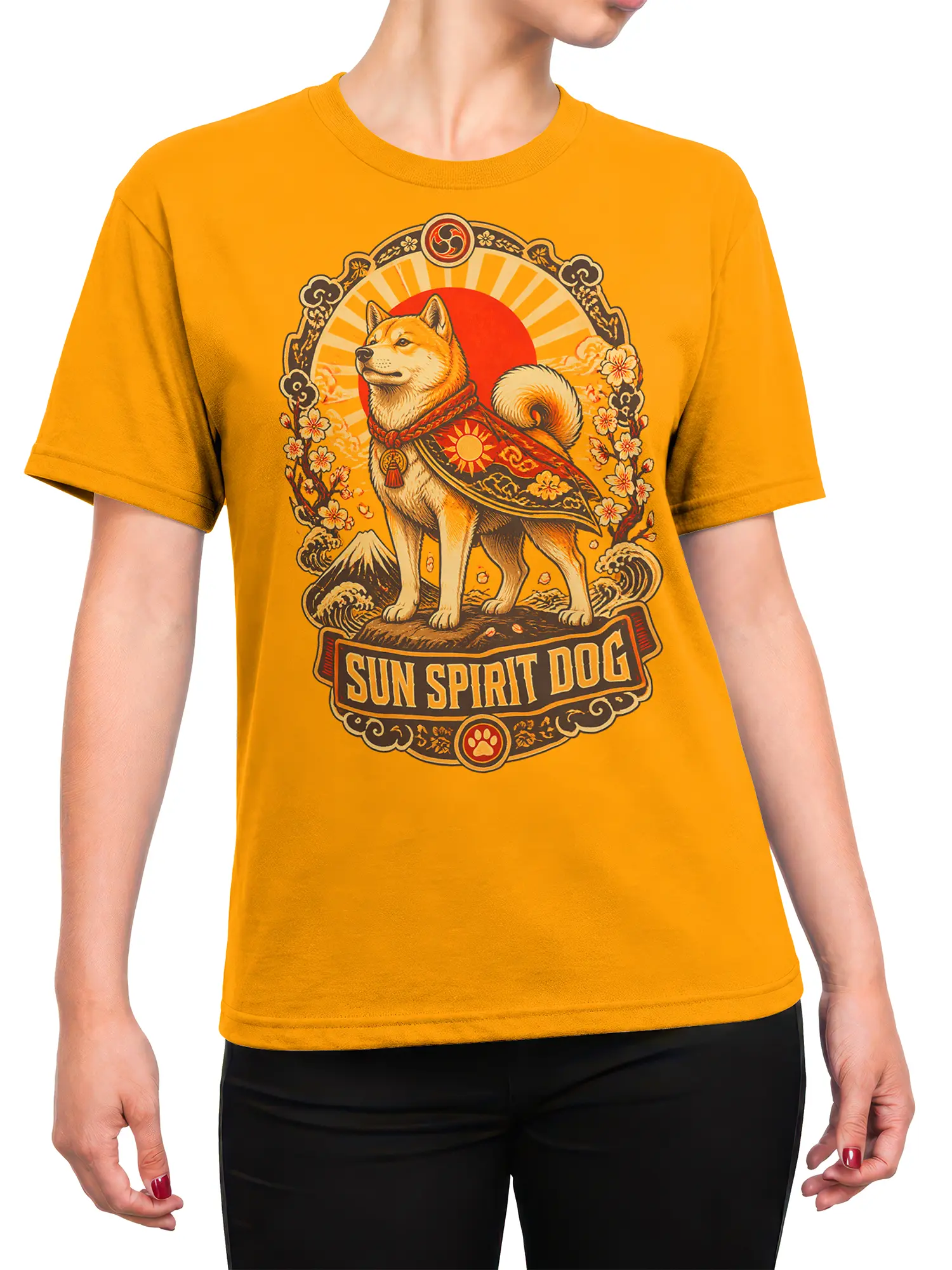 Woman wearing yellow sun spirit dog shirt with Japanese-style rising sun and blossom design on the front