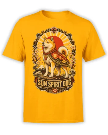 Yellow unisex shirt with detailed sun spirit dog graphic, rising sun, cherry blossoms, waves, and mountain in a Japanese-style frame