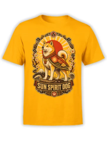 Yellow unisex shirt with detailed sun spirit dog graphic, rising sun, cherry blossoms, waves, and mountain in a Japanese-style frame