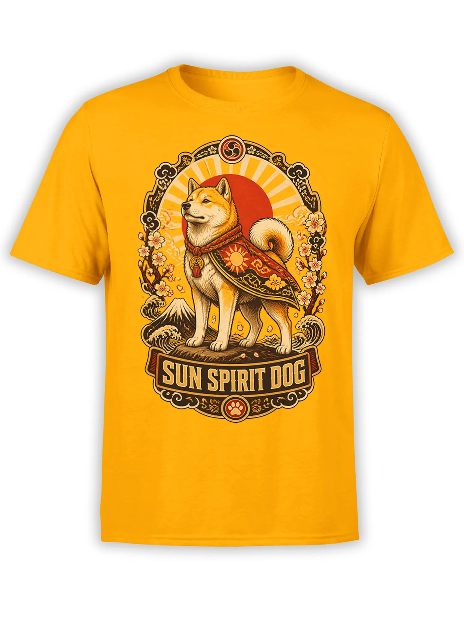 Yellow unisex shirt with detailed sun spirit dog graphic, rising sun, cherry blossoms, waves, and mountain in a Japanese-style frame