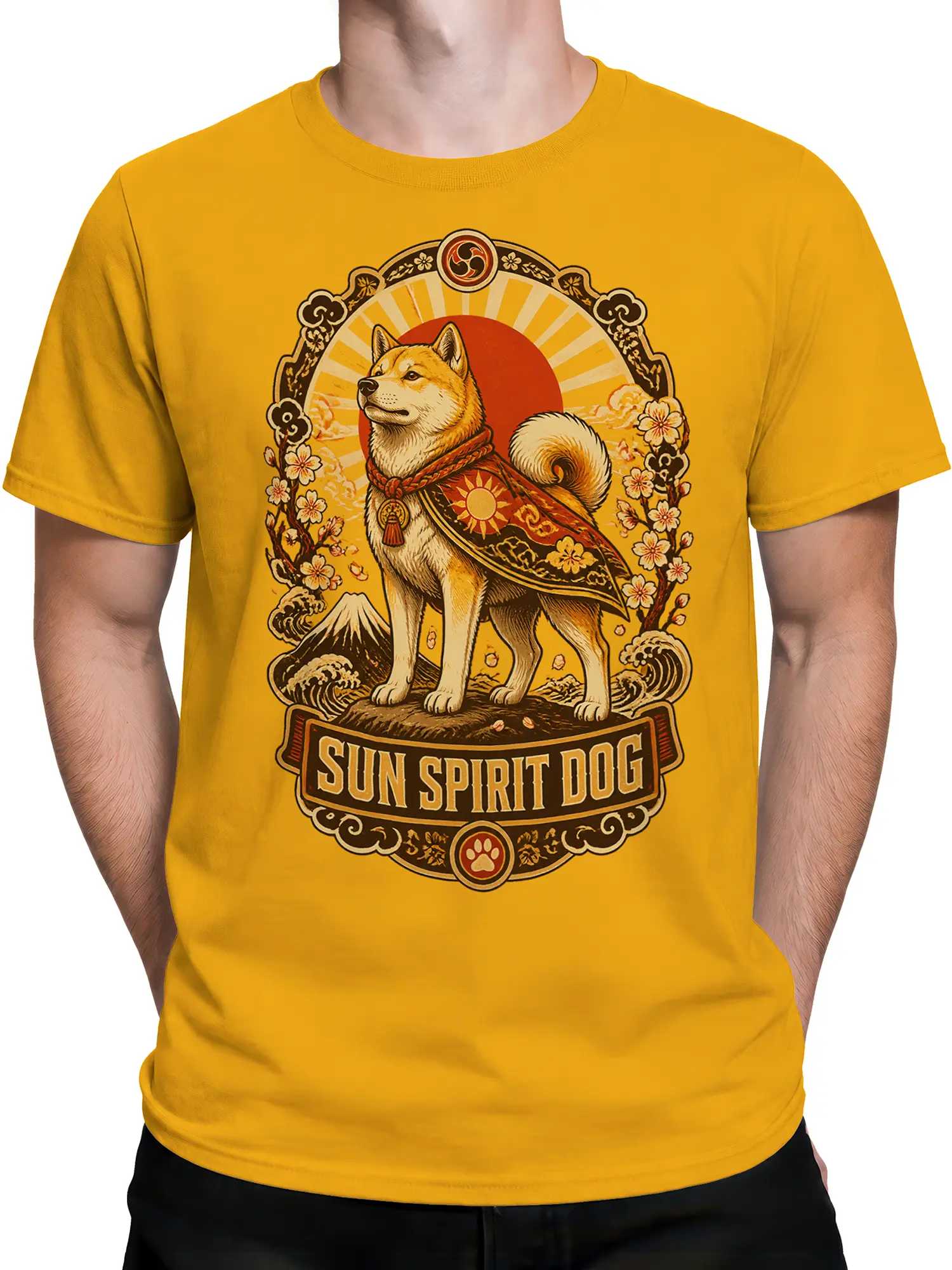 Man wearing yellow sun spirit dog shirt featuring rising sun, waves, and cherry blossoms in ornate frame