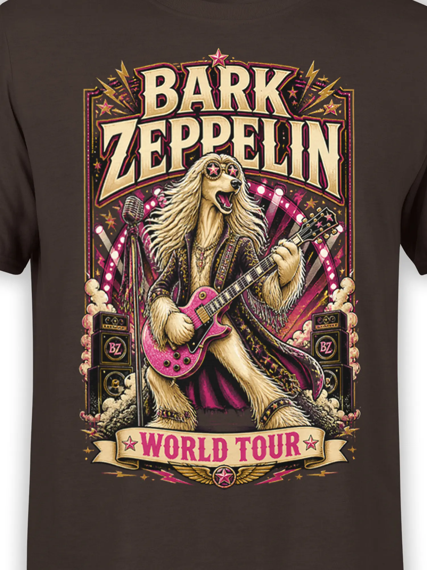 Close-up of the Bark Zeppelin dog rock design showing the long-haired dog guitarist, pink guitar, amps and detailed vintage poster graphics
