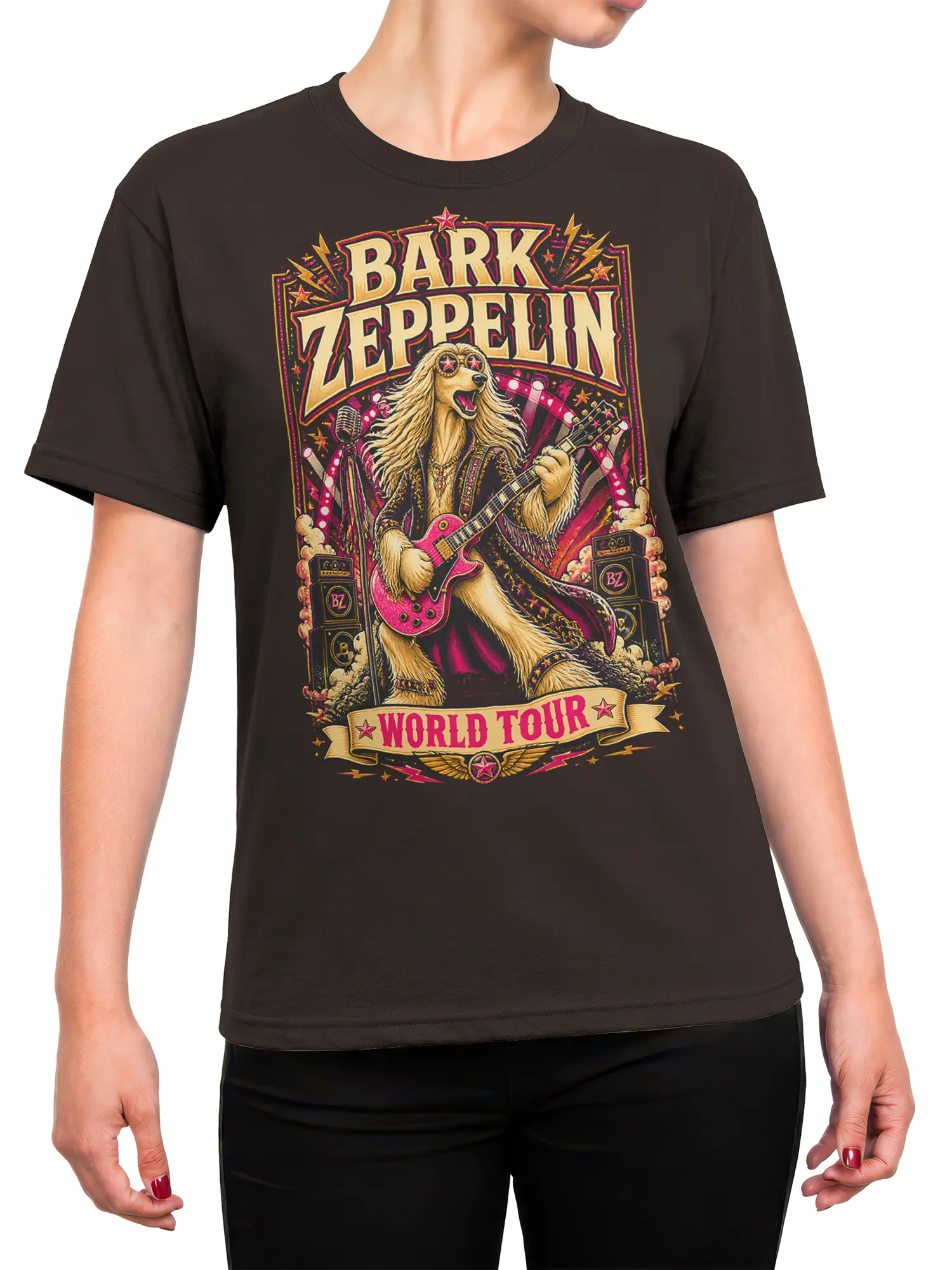 Woman wearing brown Bark Zeppelin dog band t-shirt with retro dog guitarist and world tour graphic centered on the chest