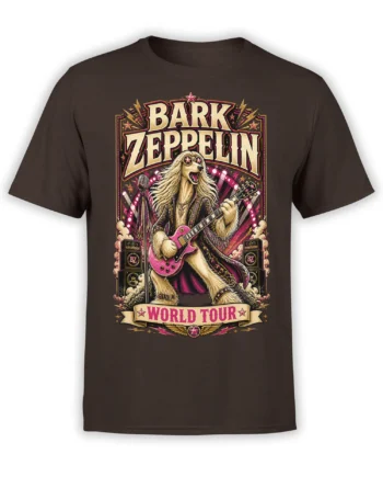 Brown unisex t-shirt featuring a retro Bark Zeppelin dog guitarist design with pink guitar, amps and world tour banner in bold rock poster style