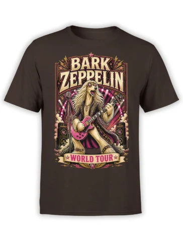 Brown unisex t-shirt featuring a retro Bark Zeppelin dog guitarist design with pink guitar, amps and world tour banner in bold rock poster style