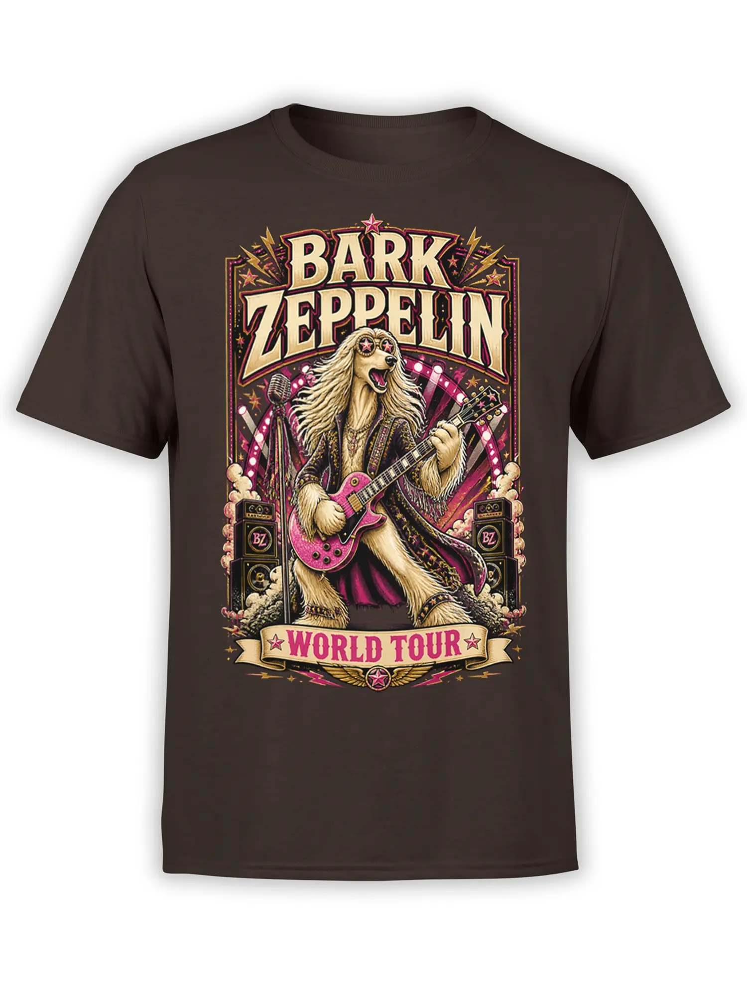 Brown unisex t-shirt featuring a retro Bark Zeppelin dog guitarist design with pink guitar, amps and world tour banner in bold rock poster style