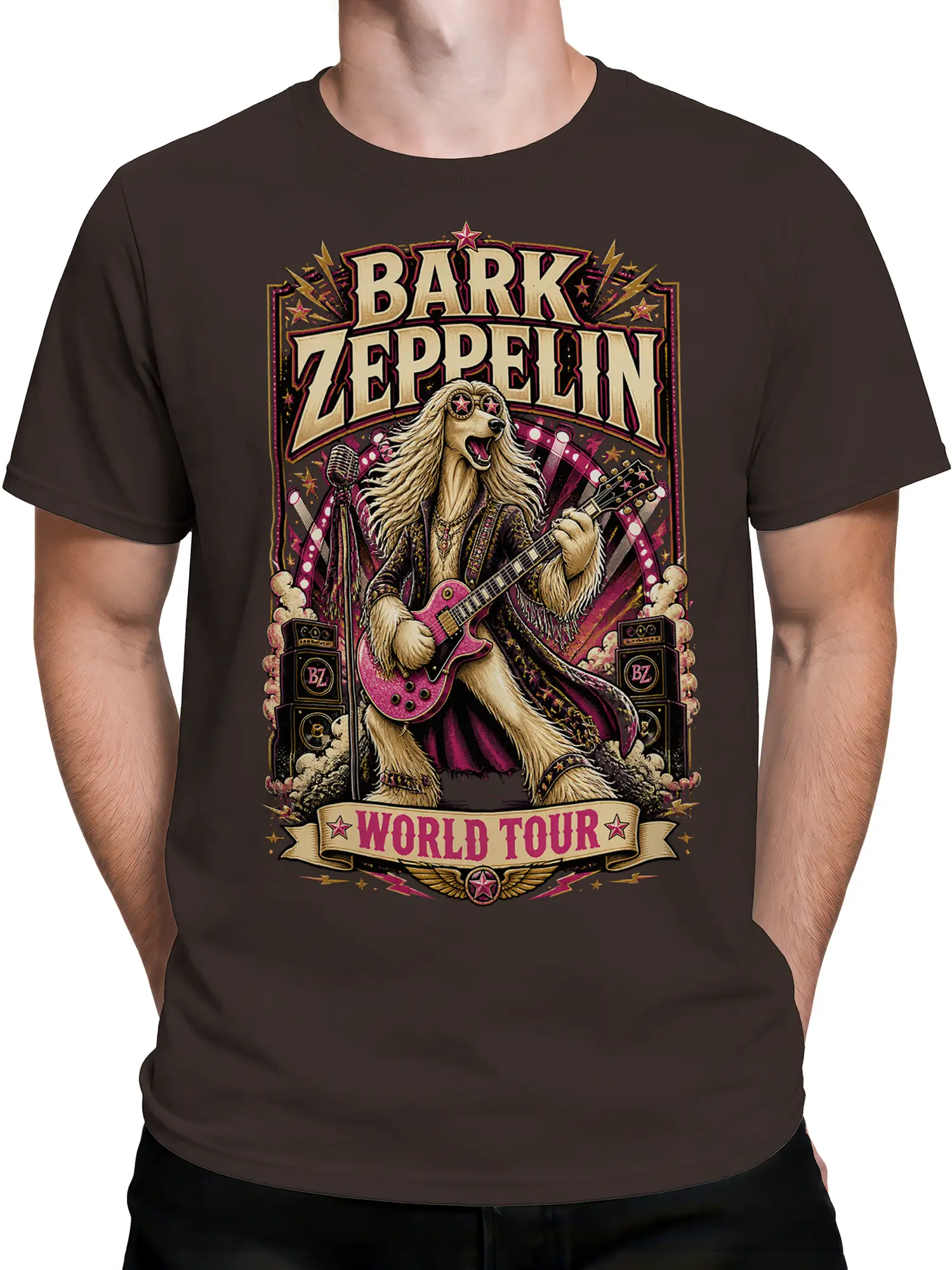 Man wearing brown Bark Zeppelin dog rock t-shirt with bold dog guitarist and world tour poster artwork on the front
