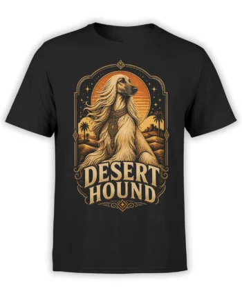 Black unisex t-shirt with regal desert hound illustration in vintage gold and orange, framed by sunset, palms and ornate border