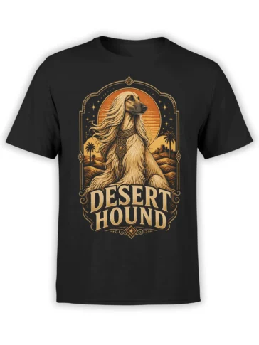 Black unisex t-shirt with regal desert hound illustration in vintage gold and orange, framed by sunset, palms and ornate border