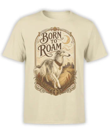 Front view of beige unisex shirt with vintage borzoi “Born to Roam” desert graphic and compass frame