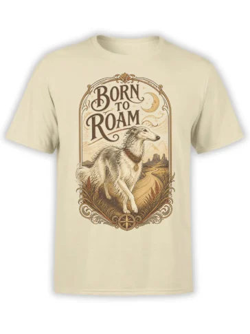 Front view of beige unisex shirt with vintage borzoi “Born to Roam” desert graphic and compass frame