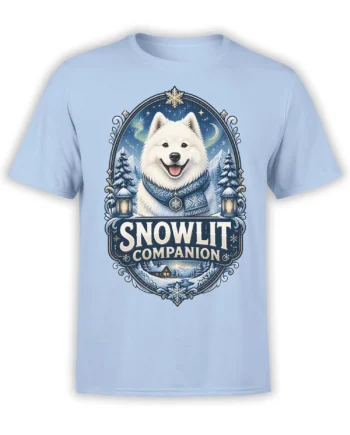 Light blue unisex shirt with a white fluffy dog in scarf and snowy winter scene around the text Snowlit Companion