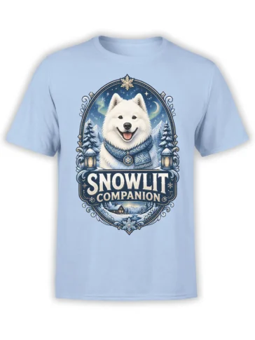 Light blue unisex shirt with a white fluffy dog in scarf and snowy winter scene around the text Snowlit Companion