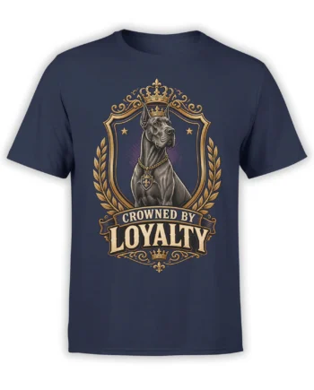 navy unisex shirt with a regal crowned dog inside a golden crest and bold Crowned By Loyalty text in vintage style