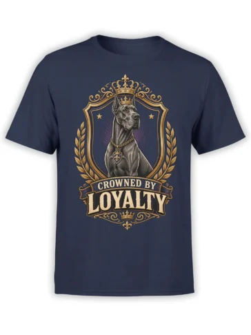 navy unisex shirt with a regal crowned dog inside a golden crest and bold Crowned By Loyalty text in vintage style