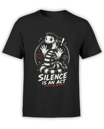 Black unisex t-shirt featuring a cartoon mime snake with striped body, beret and “Silence Is An Act” slogan in bold white and red text