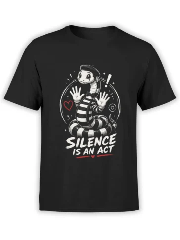 Black unisex t-shirt featuring a cartoon mime snake with striped body, beret and “Silence Is An Act” slogan in bold white and red text