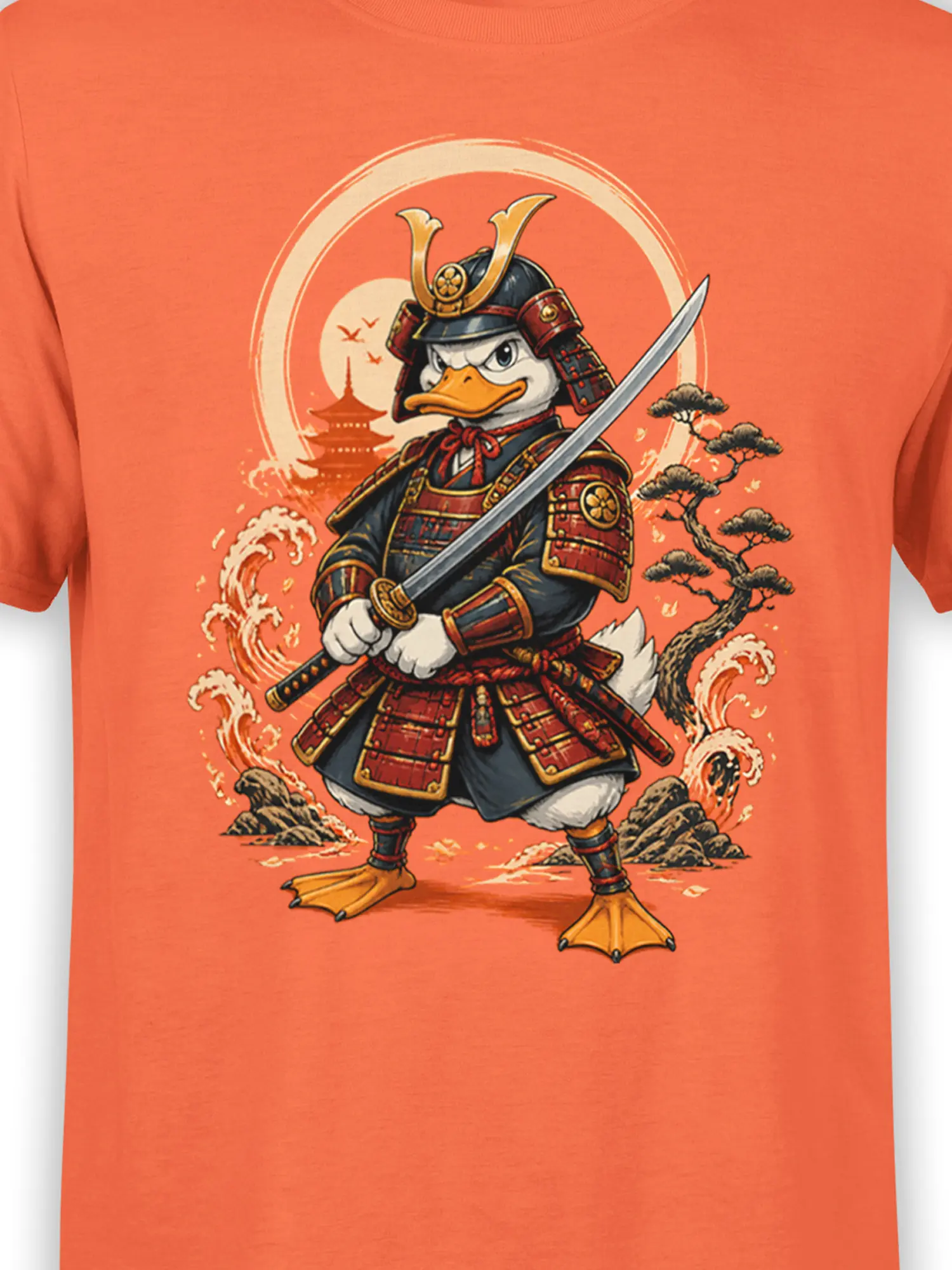 close-up of duck samurai armor and katana with Japanese sun, waves and pagoda on orange cotton shirt