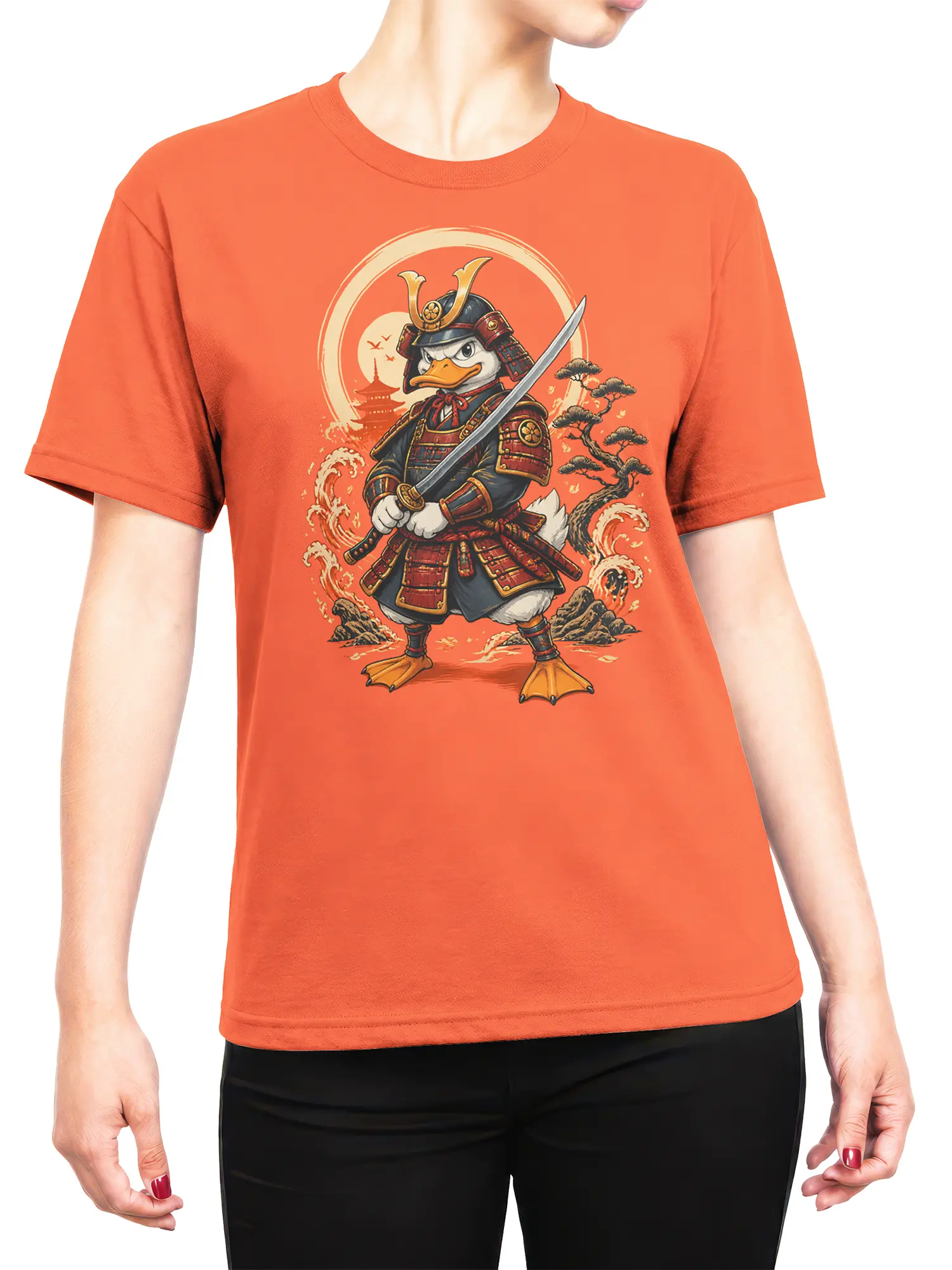 female model wearing orange shirt with duck samurai warrior design and Japanese wave background