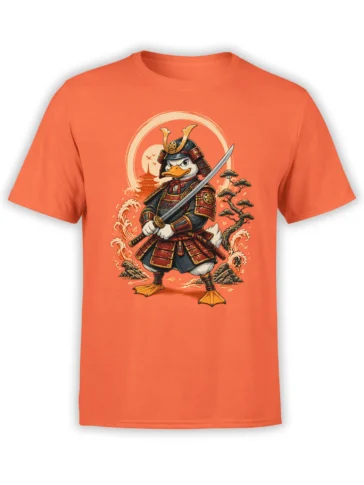 orange unisex shirt with detailed cartoon duck samurai holding a katana in front of Japanese waves, sun, pagoda and bonsai tree