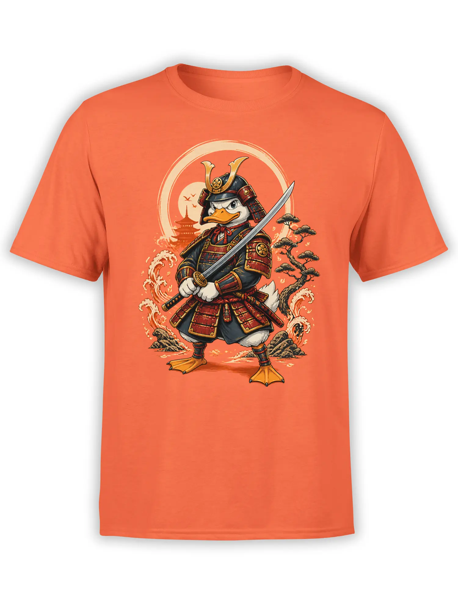 orange unisex shirt with detailed cartoon duck samurai holding a katana in front of Japanese waves, sun, pagoda and bonsai tree