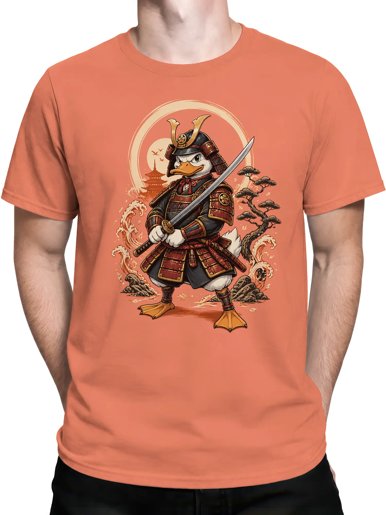male model wearing orange duck samurai warrior shirt with katana and Japanese sun design