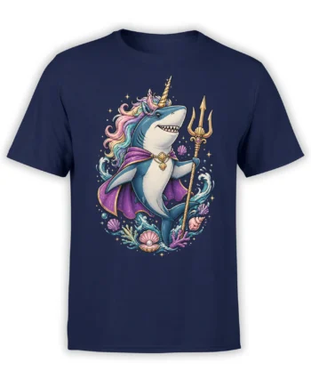 navy unisex t-shirt featuring an epic sharkicorn with rainbow mane, golden trident and purple cape surrounded by waves, shells and stars