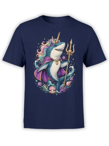 navy unisex t-shirt featuring an epic sharkicorn with rainbow mane, golden trident and purple cape surrounded by waves, shells and stars