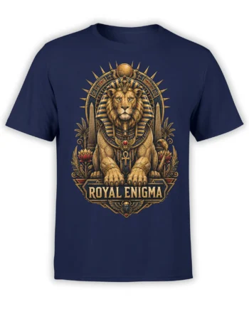 navy t-shirt with detailed Egyptian lion sphinx and Royal Enigma lettering in gold and blue tones