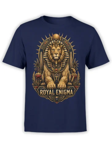 navy t-shirt with detailed Egyptian lion sphinx and Royal Enigma lettering in gold and blue tones