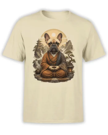 Beige unisex t-shirt with a detailed print of a meditating French bulldog monk in a mountain temple landscape with sun and lantern