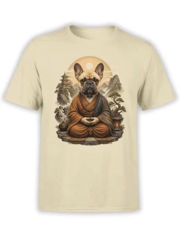 Beige unisex t-shirt with a detailed print of a meditating French bulldog monk in a mountain temple landscape with sun and lantern