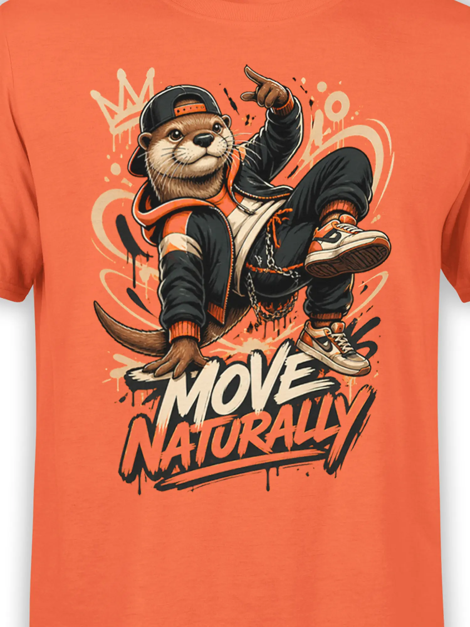 close-up of streetwear otter breakdancing graphic with Move Naturally text on orange shirt