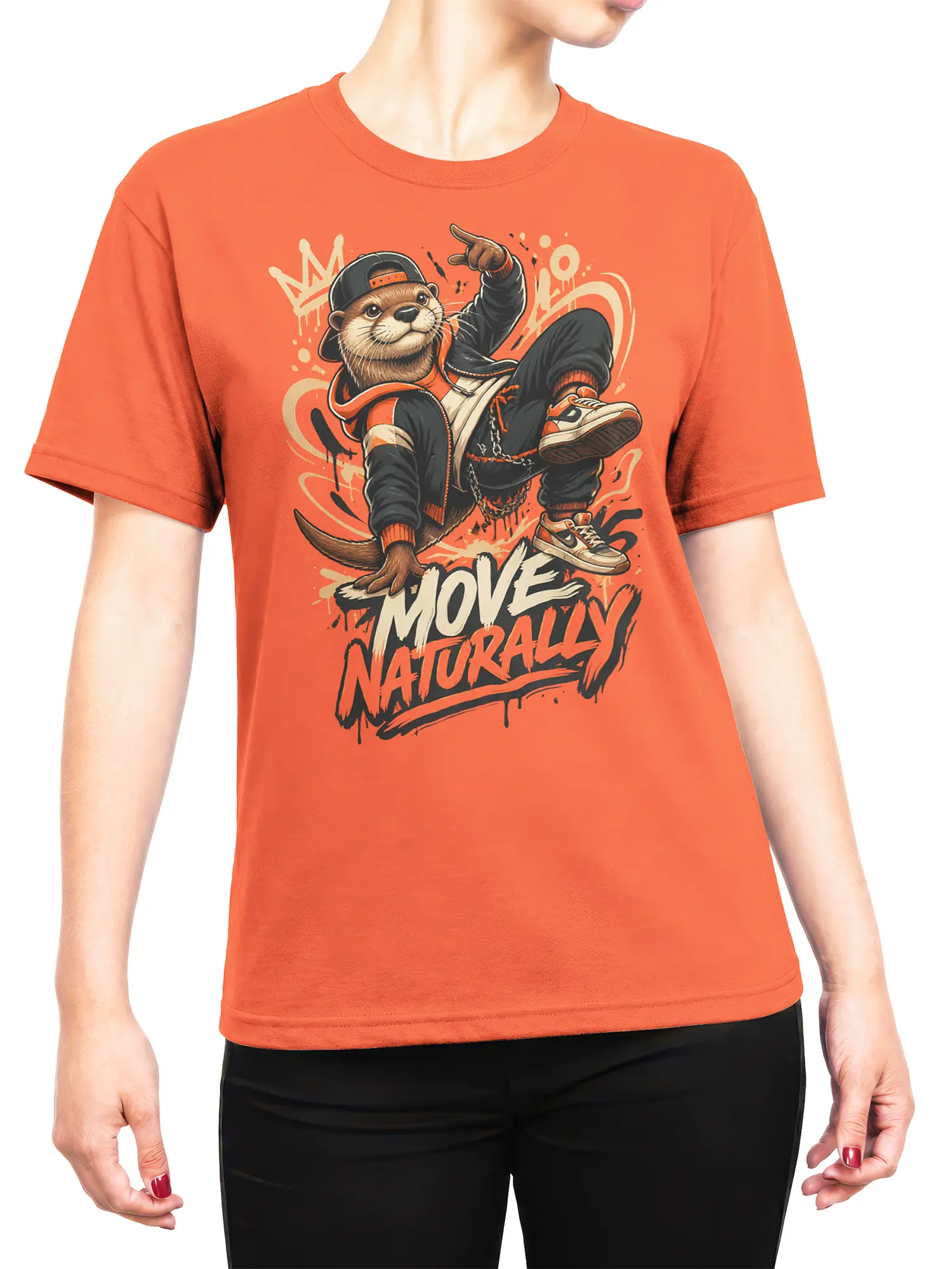 female model wearing orange otter streetwear Move Naturally graphic tee