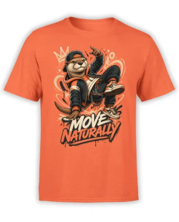 front view of orange t-shirt with streetwear otter breakdancing and Move Naturally graffiti design