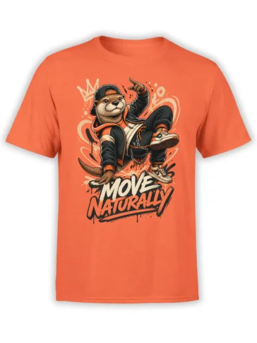 front view of orange t-shirt with streetwear otter breakdancing and Move Naturally graffiti design