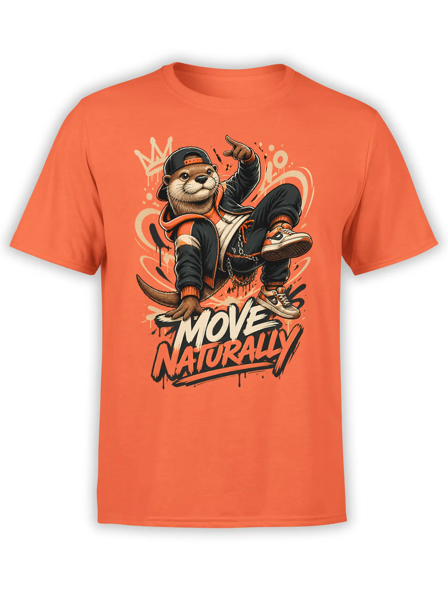 front view of orange t-shirt with streetwear otter breakdancing and Move Naturally graffiti design