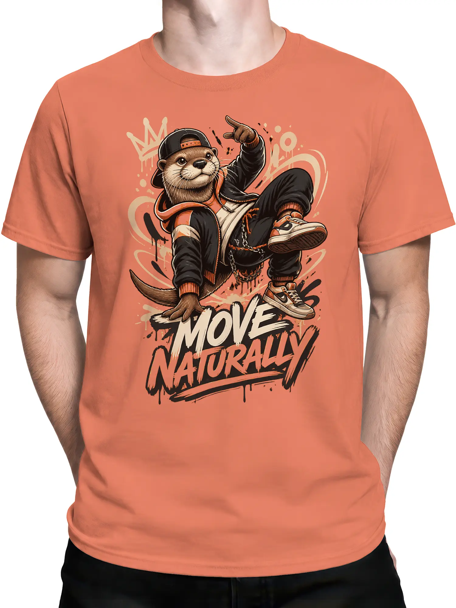 male model wearing orange streetwear otter Move Naturally graphic t-shirt