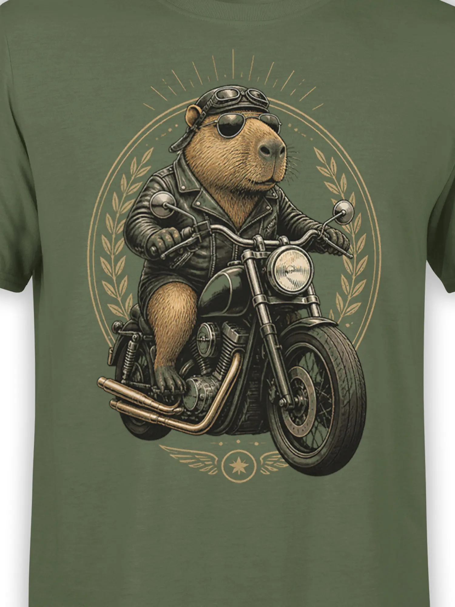 close-up of biker capybara in leather jacket and goggles on motorcycle with laurel wreath background