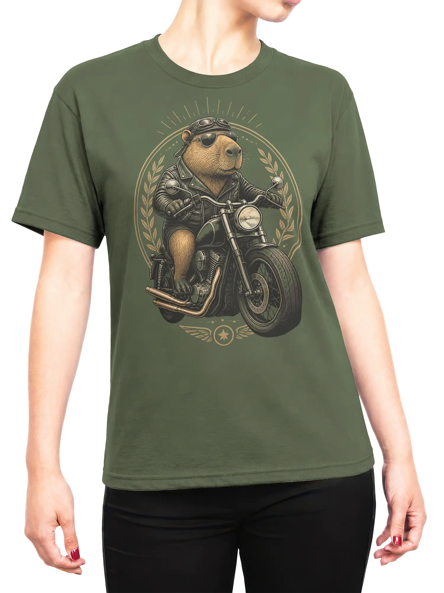 female model wearing olive green biker capybara motorcycle graphic tee