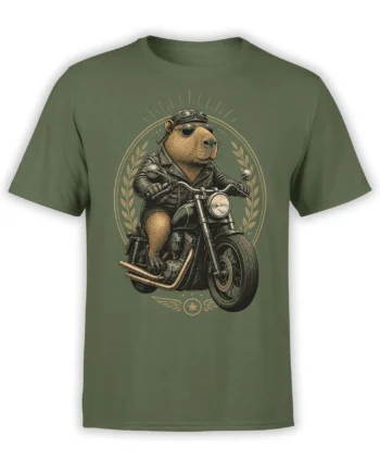 olive green unisex t-shirt with detailed biker capybara riding a classic motorcycle framed by laurel wreath art