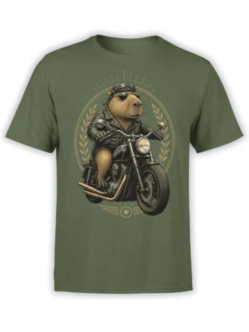 olive green unisex t-shirt with detailed biker capybara riding a classic motorcycle framed by laurel wreath art
