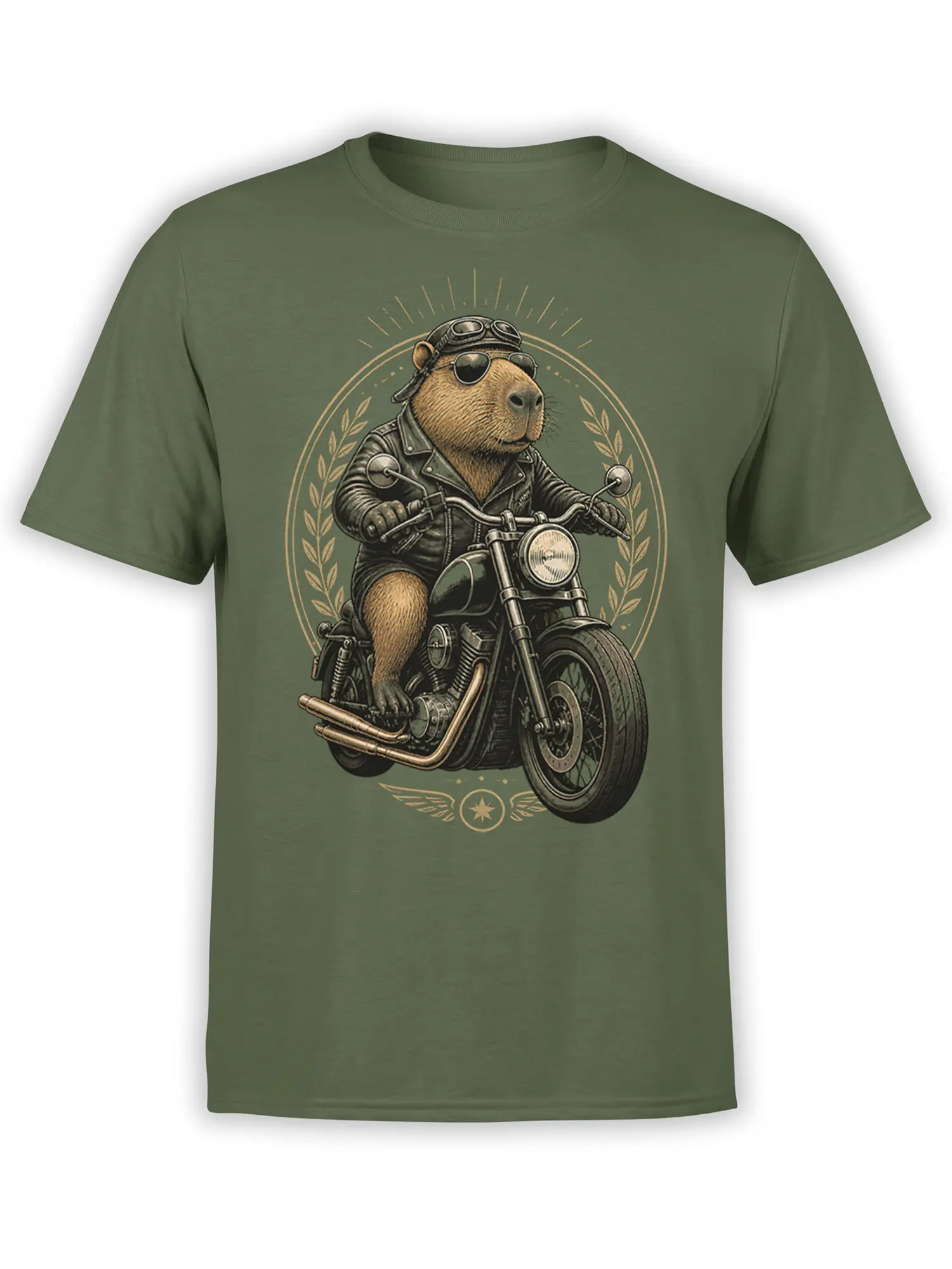 olive green unisex t-shirt with detailed biker capybara riding a classic motorcycle framed by laurel wreath art