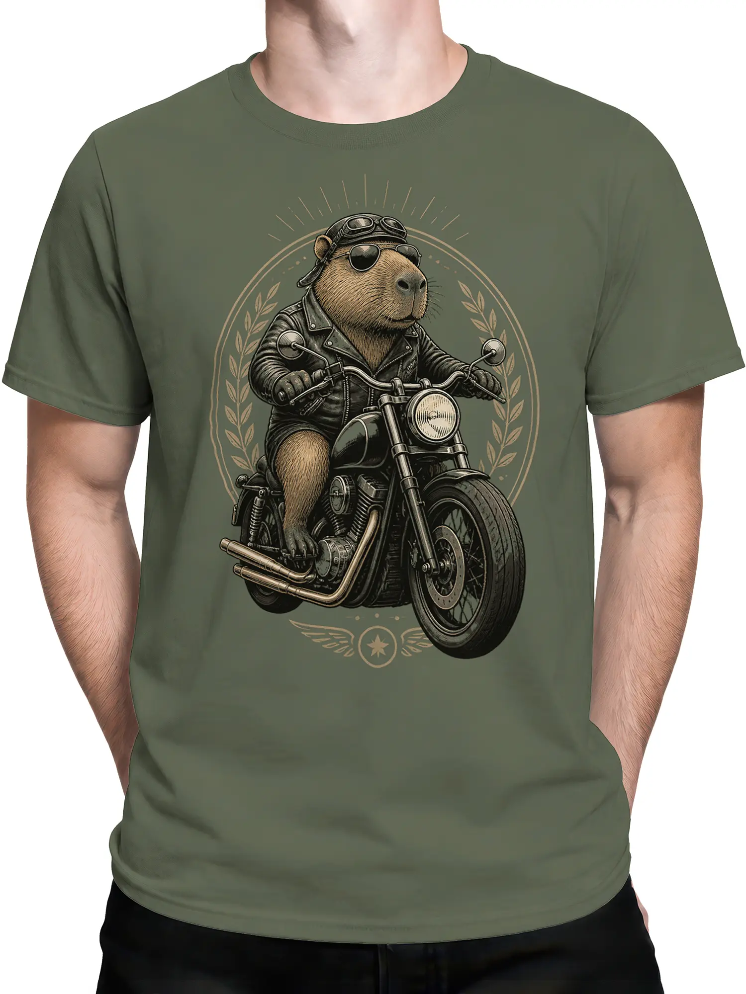 male model wearing olive green capybara biker motorcycle shirt